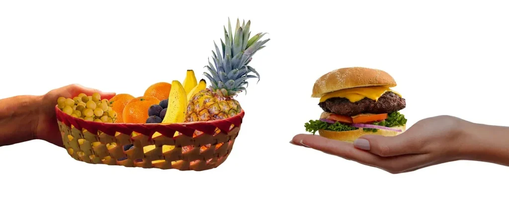バーガーとフルーツの画像